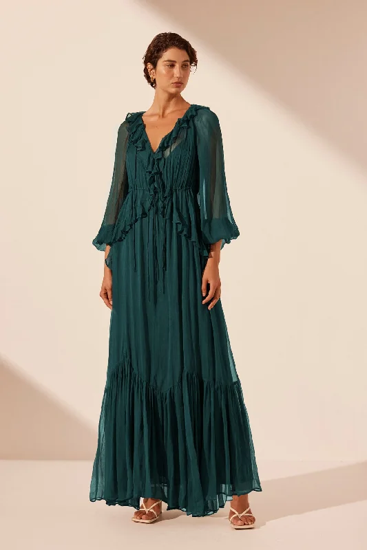 LAYLA DRAWSTRING RUFFLE MAXI DRESS - DARK TEAL Cozy Spaghetti Strap Maxi Dress