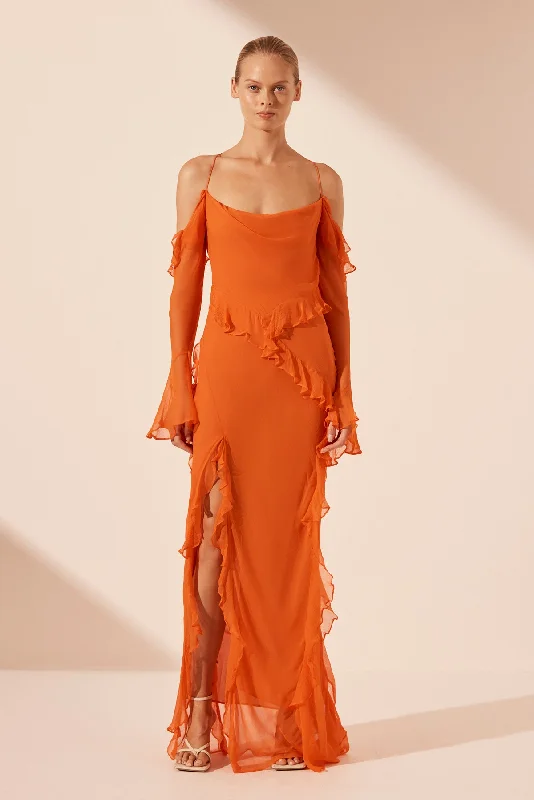 LAYLA LONG SLEEVE RUFFLE MAXI DRESS - FLAME ORANGE Fashionable Off-Shoulder Maxi Dress