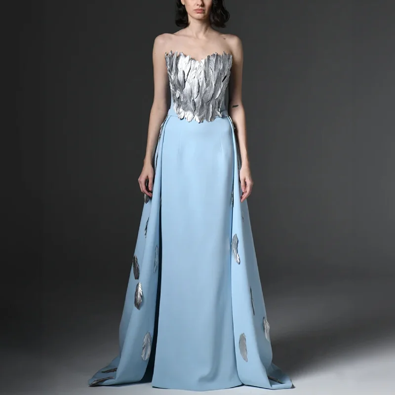 Light Blue Crepe Dress With Feathers On Bustier