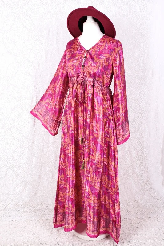Lily Maxi Dress - Rich Pink Shimmer Vintage Sari - Size S/M Comfortable Bohemian Maxi Dress Lily Maxi Dress - Rich Pink Shimmer Vintage Sari - Size S/M Comfortable Bohemian Maxi Dress