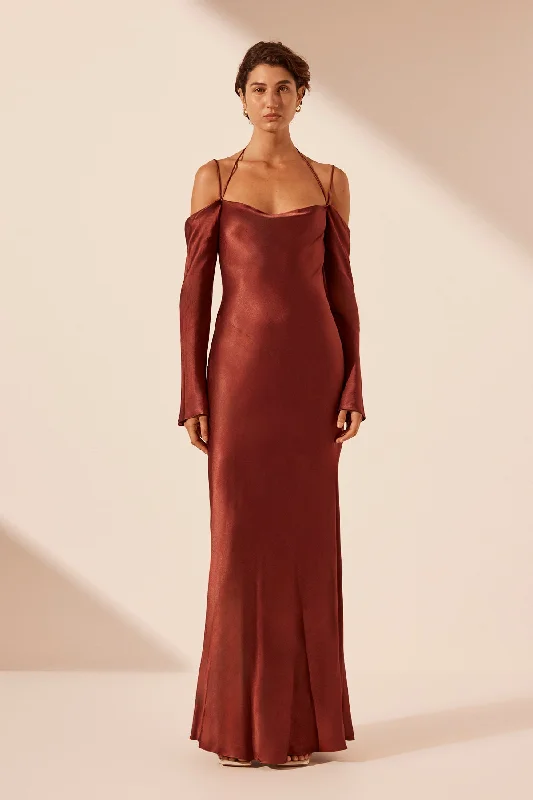 LINO OFF SHOULDER TIE MAXI DRESS - MAHOGANY Classic A-Line Maxi Dress