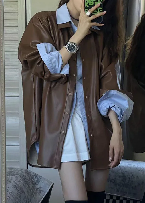 Loose Coffee Peter Pan Collar Button Faux Leather Jackets Long Sleeve Front Pockets Side Pockets Patch Pockets Loose Coffee Peter Pan Collar Button Faux Leather Jackets Long Sleeve Front Pockets Side Pockets Patch Pockets