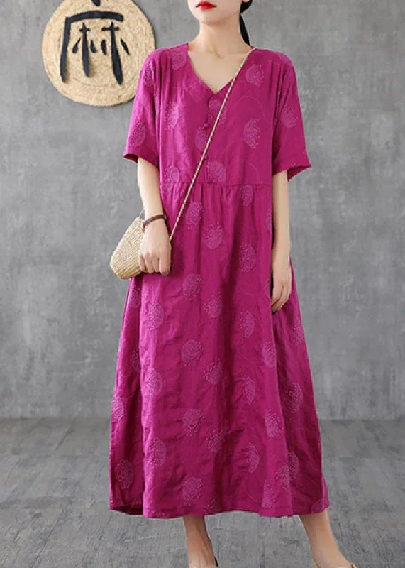 Loose v neck embroidery linen clothes For Women Sleeve rose Dresses