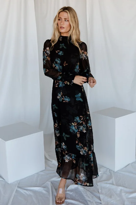 Luciana Maxi Dress | Black + Blue Elegant Maxi Dress with Belt