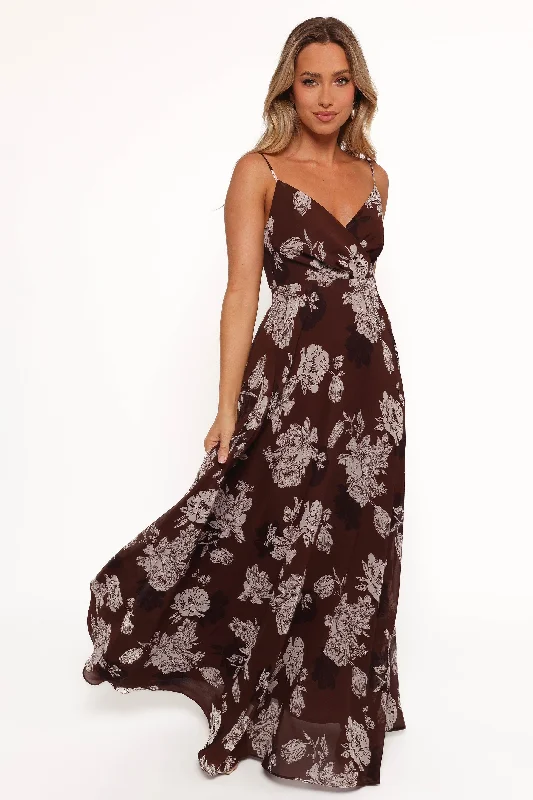 Madilyn Maxi Dress - Brown Floral Comfortable Satin Maxi Dress