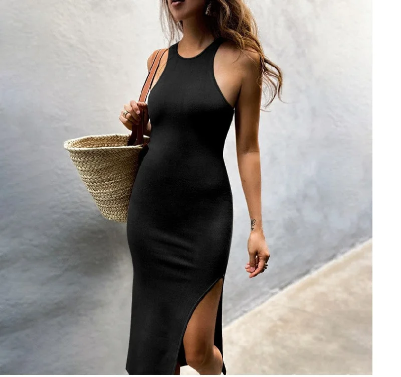 Maguire Mock Neck Slit Maxi Dress - Black Trendy Printed Maxi Dress