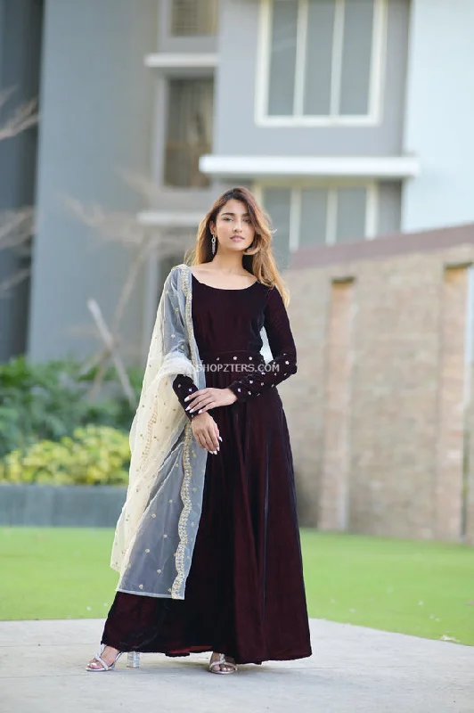 Maroon Velvet Dress with Dupatta and Belt