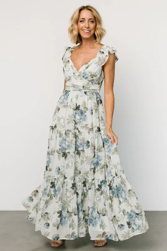 Martina Maxi Dress | Light Blue Floral Chic Off-Shoulder Maxi Dress