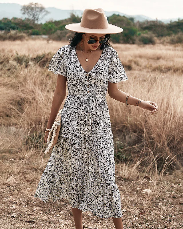 Maynard Printed Smocked Maxi Dress - Black Elegant Boho Maxi Dress
