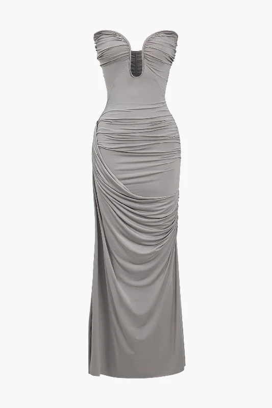 Solid Strapless Ruched Maxi Dress Elegant Pleated Maxi Dress