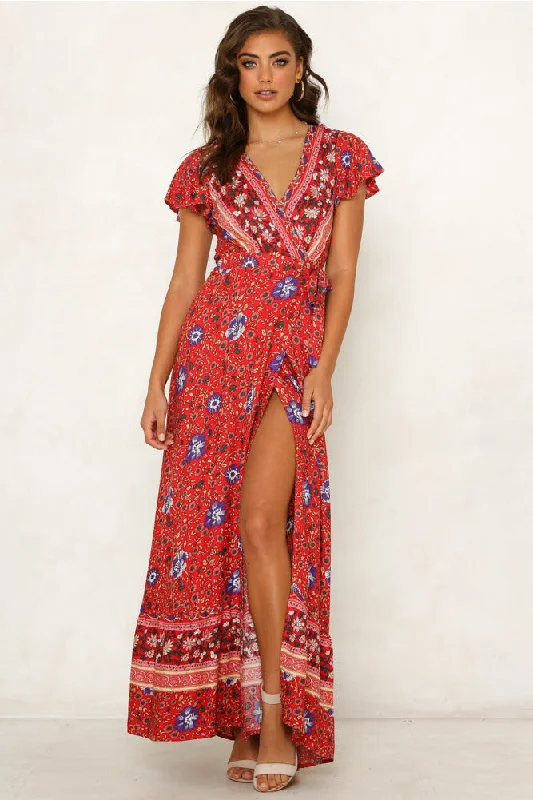 Mercury Printed Bardot Wrap Maxi Dress Comfortable Maxi Dress with Sleeves