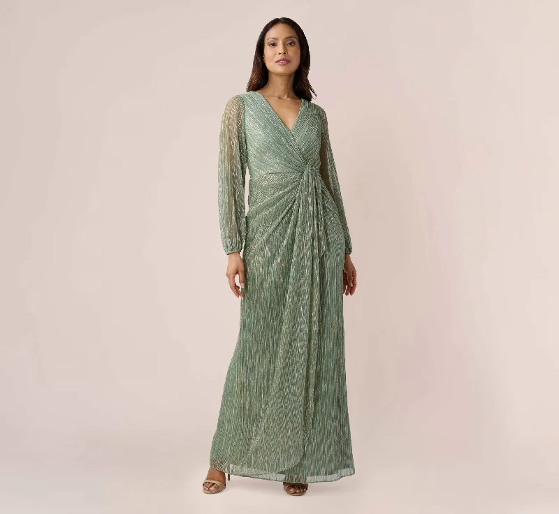 Metallic Crinkled Mesh Draped Long Gown In Green Slate