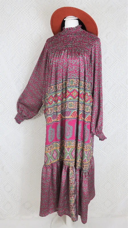 Mona Maxi Dress - Vintage Indian Sari - Magenta Pink & Sage - Free Size Trendy Fit-and-Flare Maxi Dress Mona Maxi Dress - Vintage Indian Sari - Magenta Pink & Sage - Free Size Trendy Fit-and-Flare Maxi Dress
