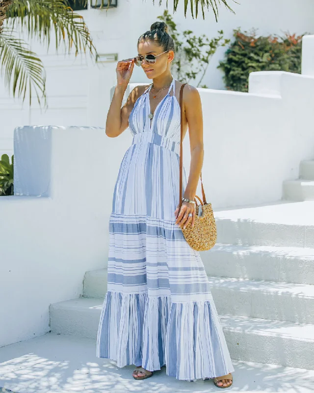 Montpellier Tiered Halter Maxi Dress - Blue Chic Sleeveless Maxi Dress