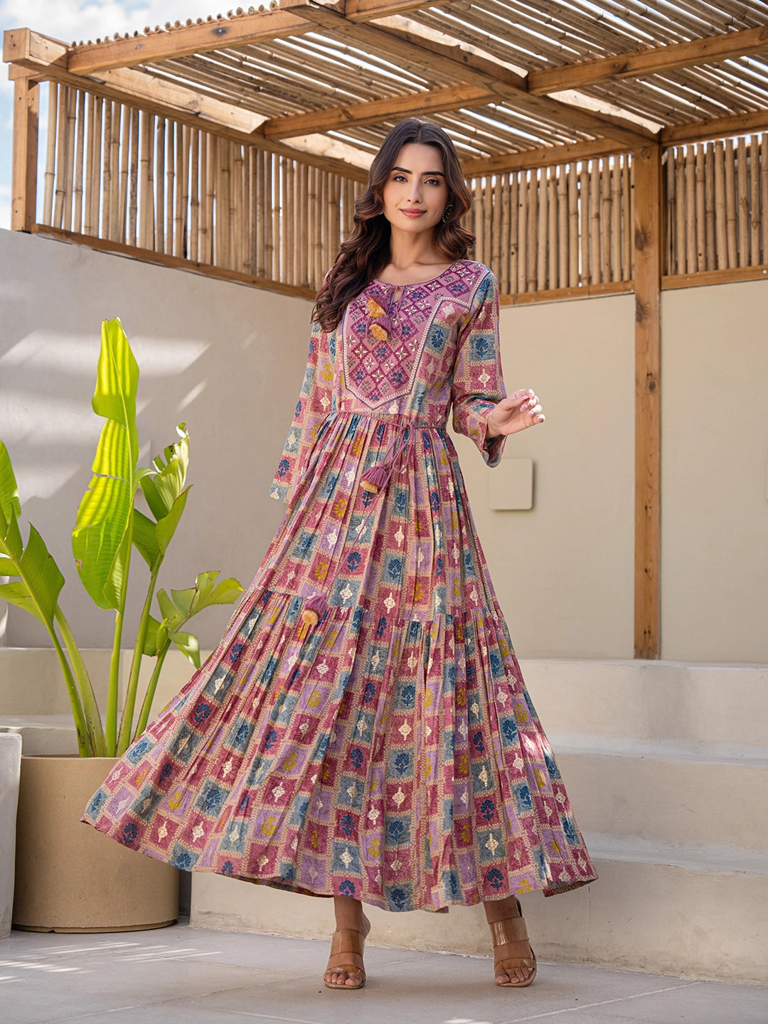 WOMEN'S PINK MOONLIT GARDEN: COTTON PRINTED LONG GOWN