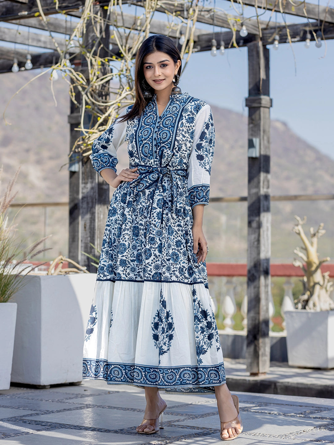 WOMEN'S BLUE MOONLIT MIRAGE: RAYON PRINTED LONG GOWN