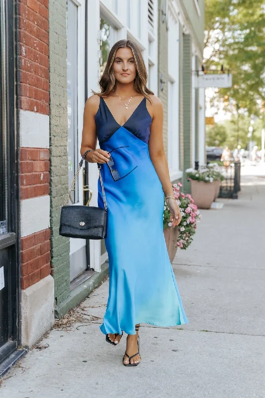 MUSE Blue Ombre V Neck Maxi Dress - FINAL SALE Fashionable Sleeveless Maxi Dress