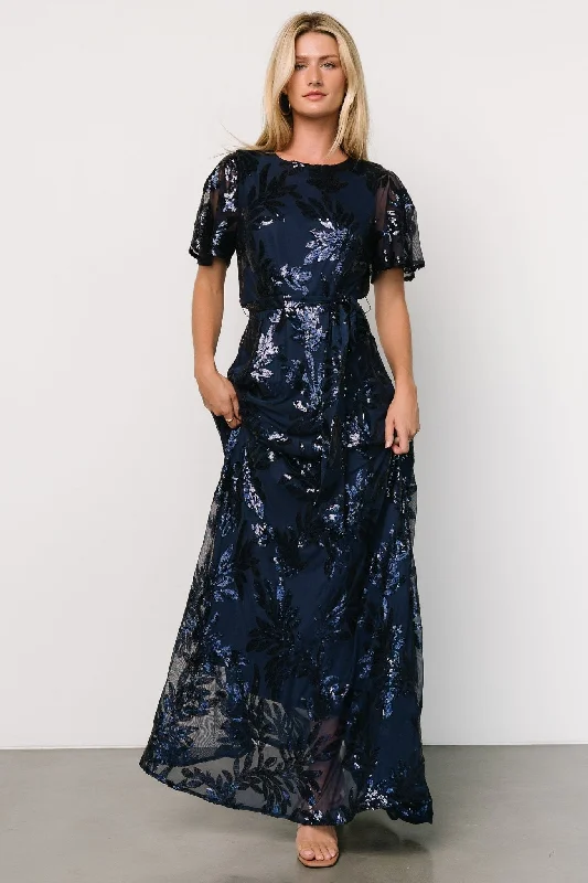 Muse Sequin Maxi Dress | Navy Fashionable Maxi Dress with Fringe