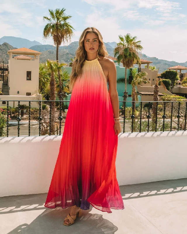 Mykonos Pleated Ombre Halter Maxi Dress - Pink Red Comfortable Fitted Maxi Dress