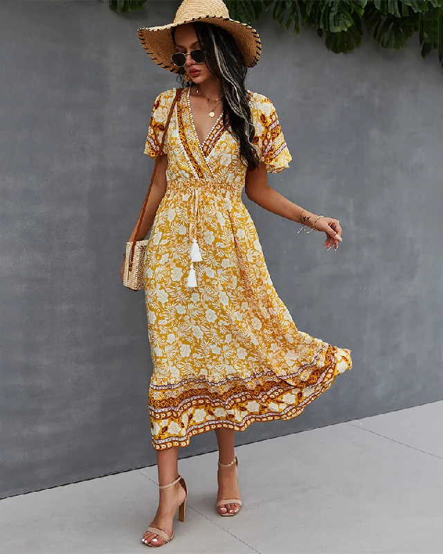 Nadine Floral Smocked Maxi Dress - Mustard Stylish A-Line Maxi Dress