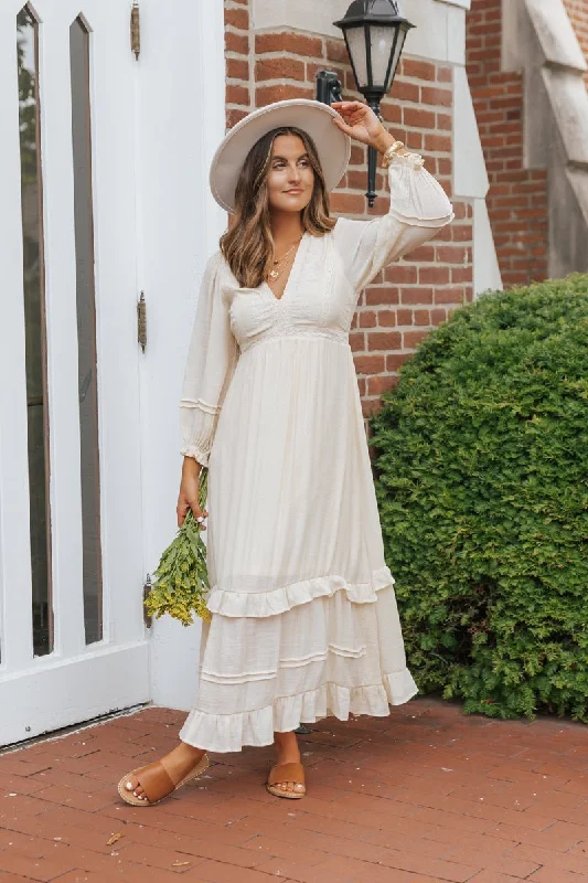 Natural Lace Embroidered Tiered Maxi Dress Comfortable Fitted Maxi Dress