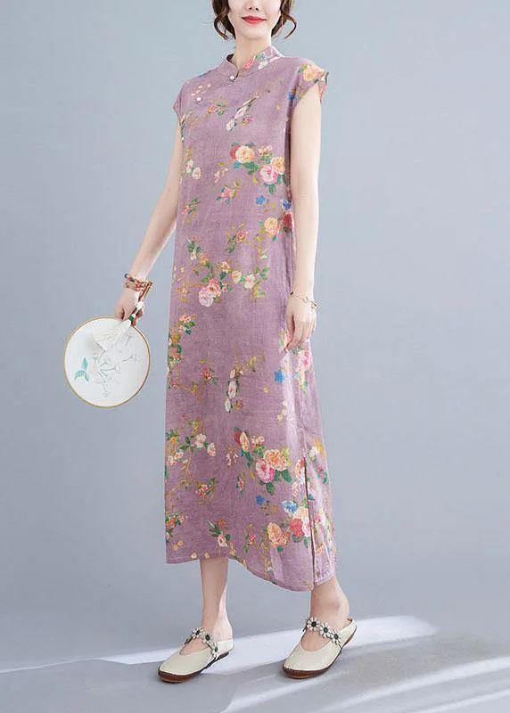 Natural Light Purple Print Button Oriental Mid Dress Summer Cotton Dress