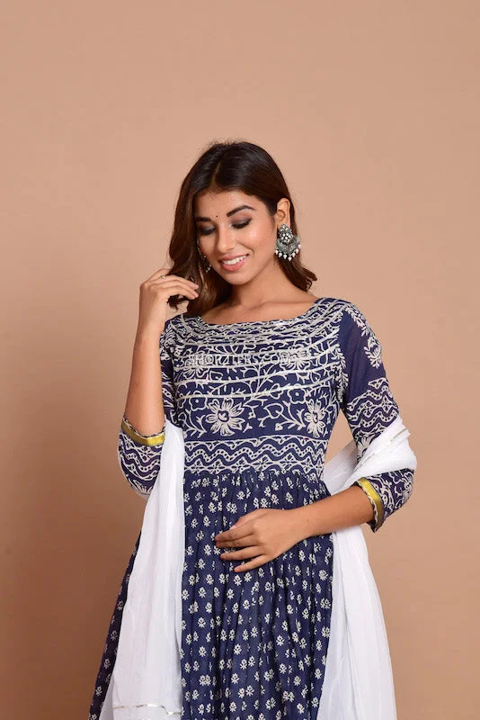 Navy-Blue Hand Block Print Dress With Chiffon Dupatta