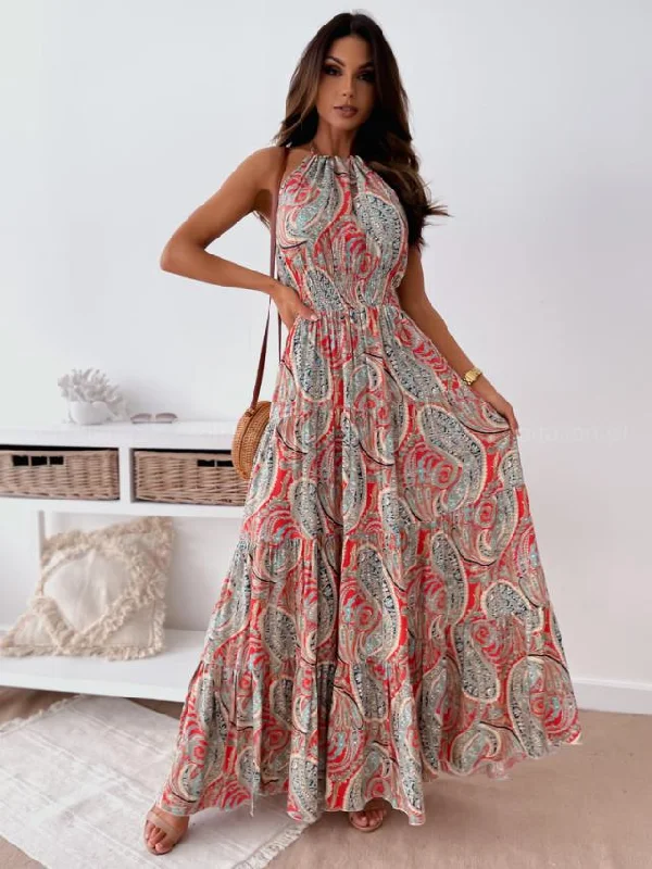 Never Too Much Printed Open Back Maxi Dress Fashionable Button-Down Maxi Dress