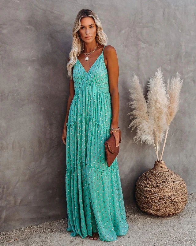 Odessa Metallic Detailed Maxi Dress - Teal Elegant Lace-Up Maxi Dress