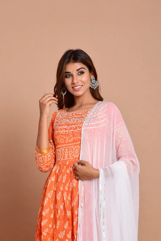 Orange Hand Block Print Dress With Chiffon Dupatta