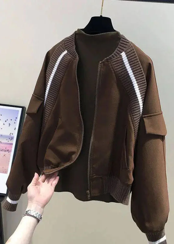 Organic Coffee Knit Patchwork Zippered Jackets Fall Stand-Up Collar Roll-Neck Collar Turtle Neck Organic Coffee Knit Patchwork Zippered Jackets Fall Stand-Up Collar Roll-Neck Collar Turtle Neck
