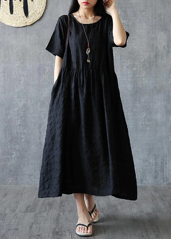 Organic o neck Cinched linen cotton clothes For Women Sleeve black Dress summer
