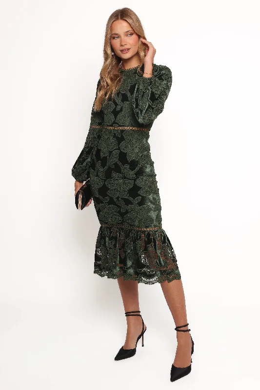 Pierre Long Sleeve Maxi Dress - Deep Velvet Green Trendy Floral Print Maxi Dress