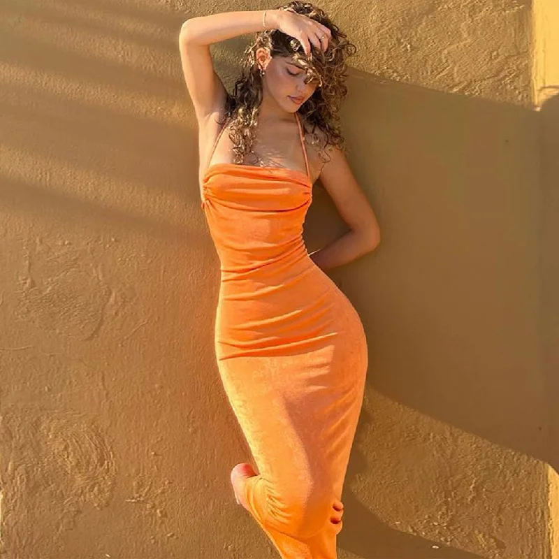 BerryBetty - Pretty Cowl Neck Strappy Draped Maxi Dress - Bright Orange Elegant Maxi Dress with Ruffles