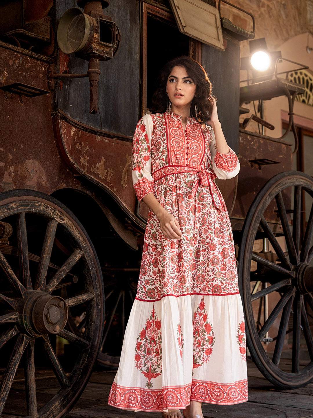 WOMEN'S RED PRINTED PERFECTION: PINK RAYON LONG GOWN