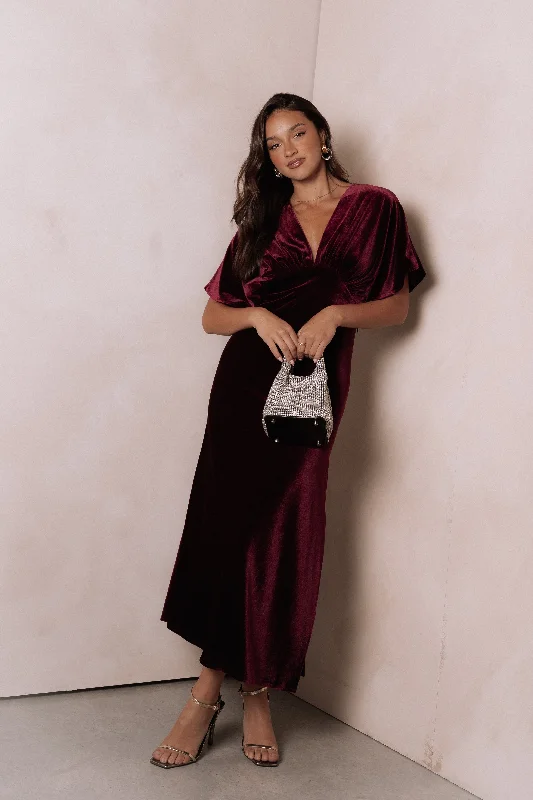 Ricki Velvet Maxi Dress - Wine Comfortable Pleated Maxi Dress