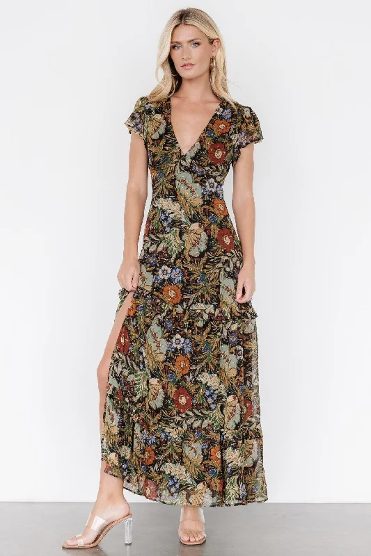 Riverwood Deep V Maxi Dress | Multi Floral Stylish Long Sleeve Maxi Dress