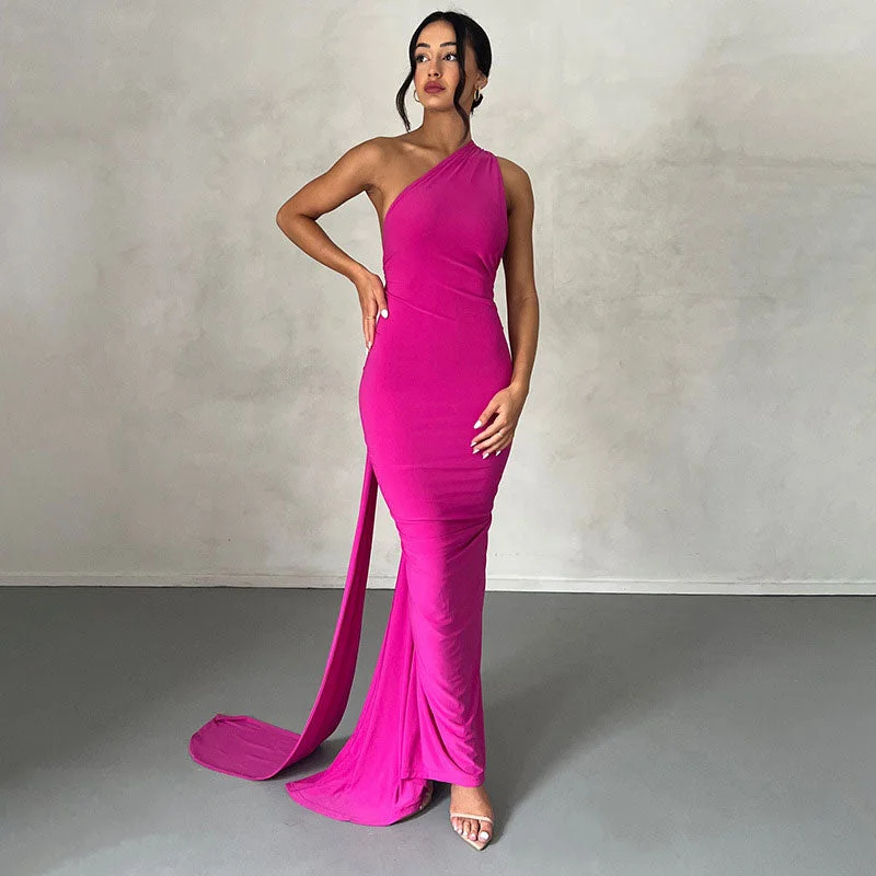 BerryBetty - Solid Color One Shoulder Ruched Evening Maxi Dress - Hot Pink Chic Summer Maxi Dress