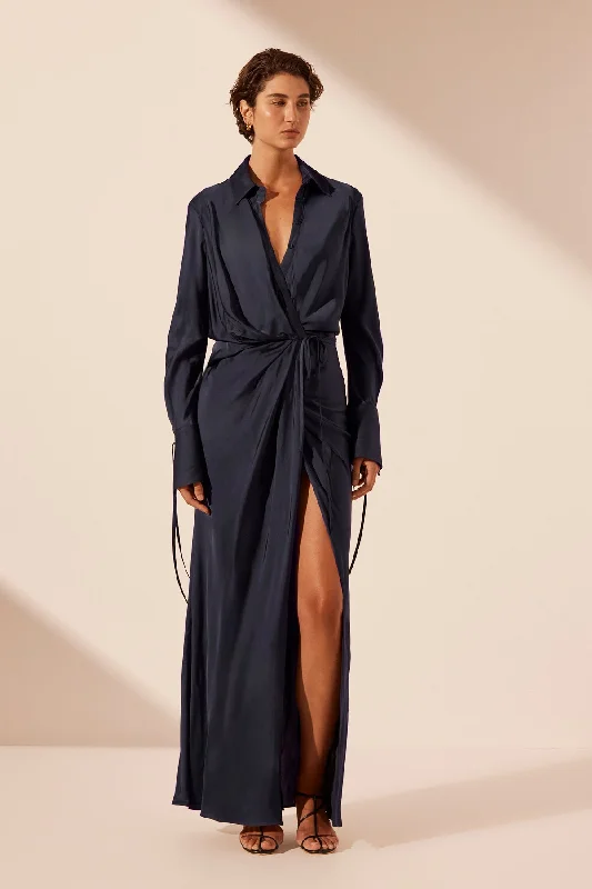 SHAE DRAPED SHIRT MAXI DRESS - AEGEAN BLUE Fashionable Button-Down Maxi Dress