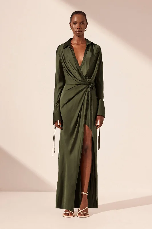 SHAE DRAPED SHIRT MAXI DRESS - PINE GREEN Trendy V-Neck Maxi Dress