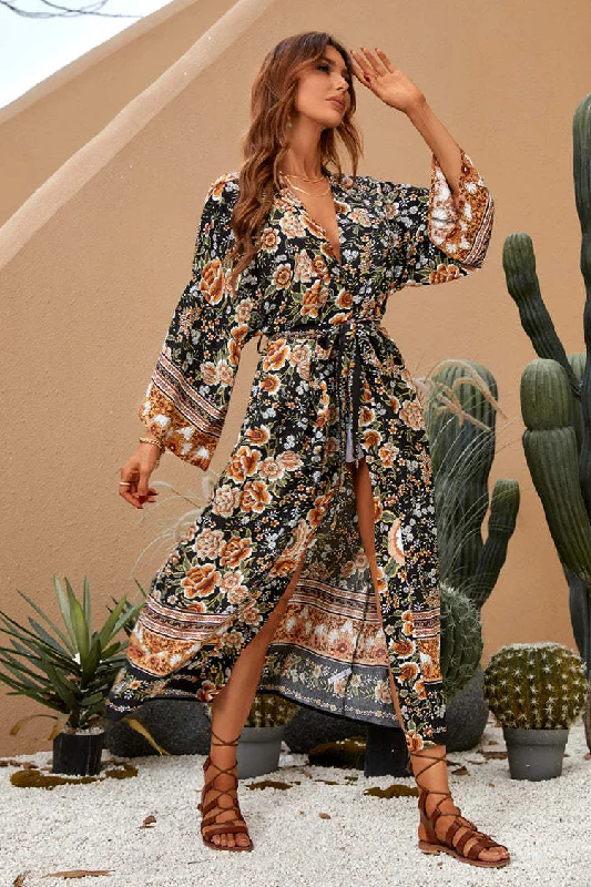 Shaken Leaves Floral Boho Maxi Dress Trendy A-Line Maxi Dress