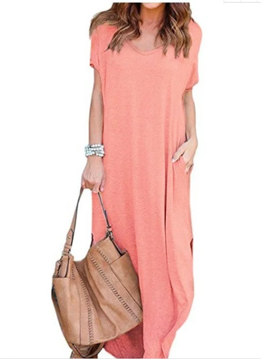 Shantae Pocketed Knit Maxi Dress - Peach Trendy Floral Print Maxi Dress