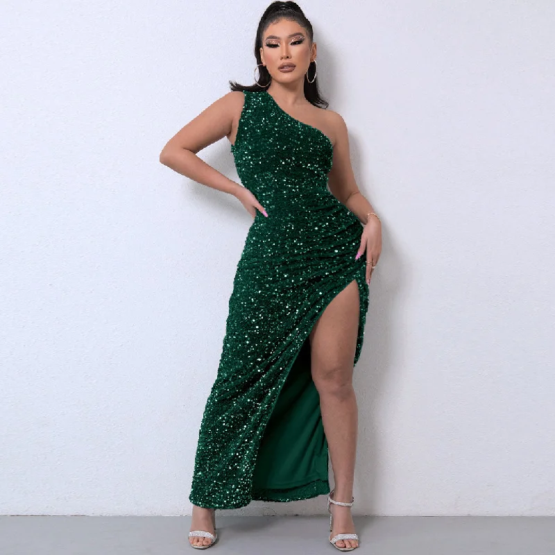 BerryBetty - Shimmery Sequin High Split One Shoulder Gown Maxi Dress - Emerald Green Comfortable Satin Maxi Dress