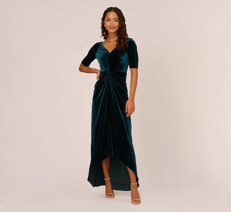Shirred Velvet Gown With Elbow-Length Sleeves In Emerald
