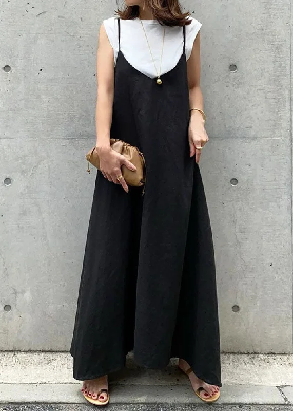 Simple Black Patchwork Cotton Spaghetti Strap Dress Summer
