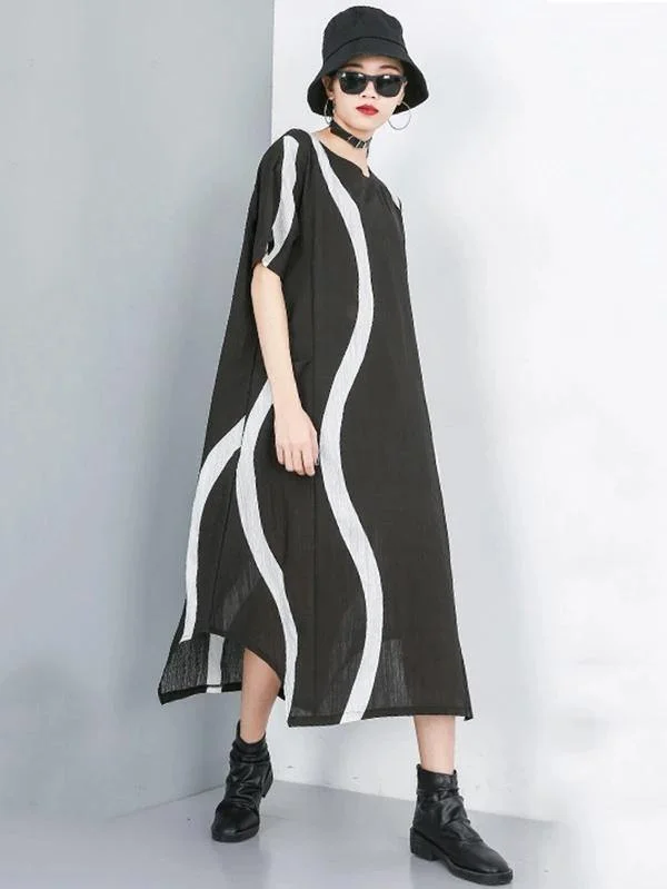 Simple o neck asymmetric chiffon dress black striped Dress