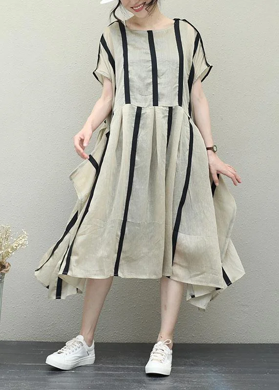 Simple o neck patchwork Chiffon clothes For Women design khaki striped Dresses