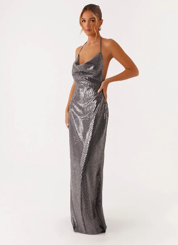Sleek Love Sequin Maxi Dress - Silver Sequin Comfortable Long-Sleeve Maxi Dress