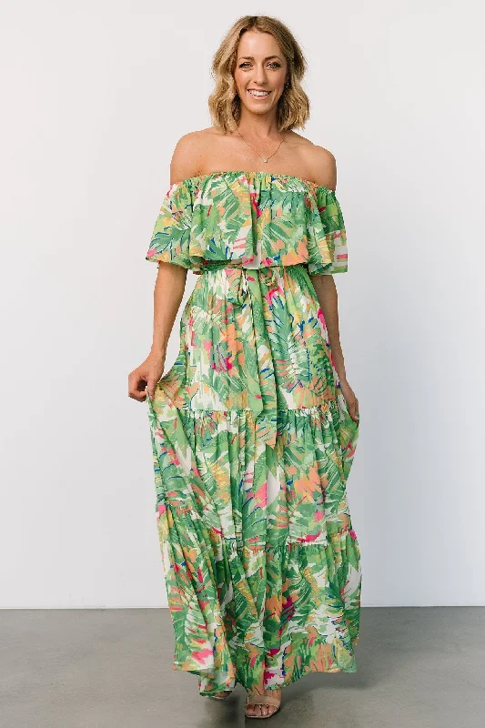 Sonoma Off Shoulder Maxi Dress | Green Multi Cozy Maxi Dress with Slit