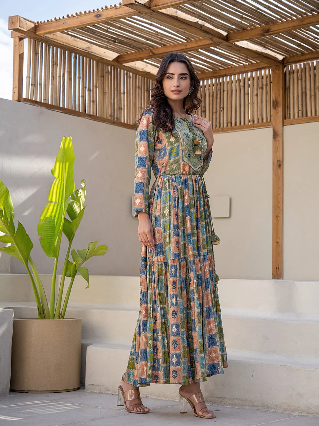 WOMEN'S GREEN STARRY NIGHT DREAM: COTTON PRINTED LONG GOWN
